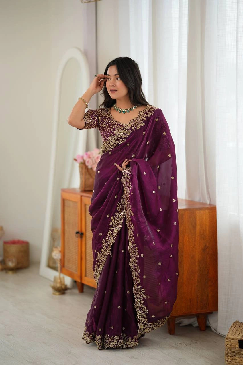 Wine fendy silk blend saree with embroidered scallop border